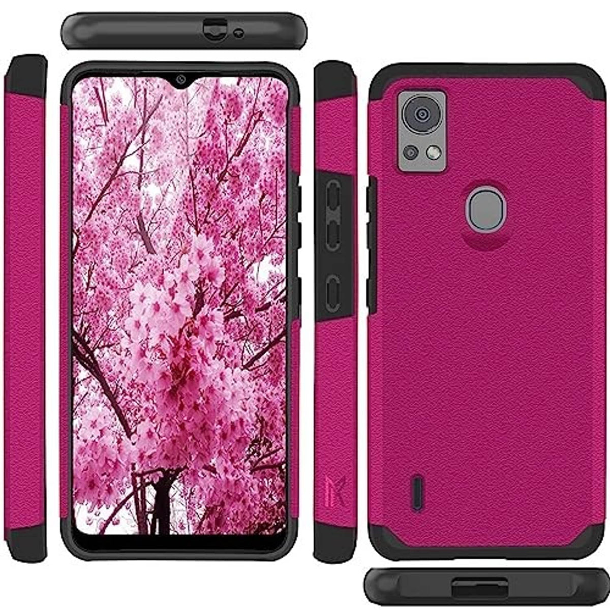 Pink rugged phone case set showing front screen cover and back with camera cutout