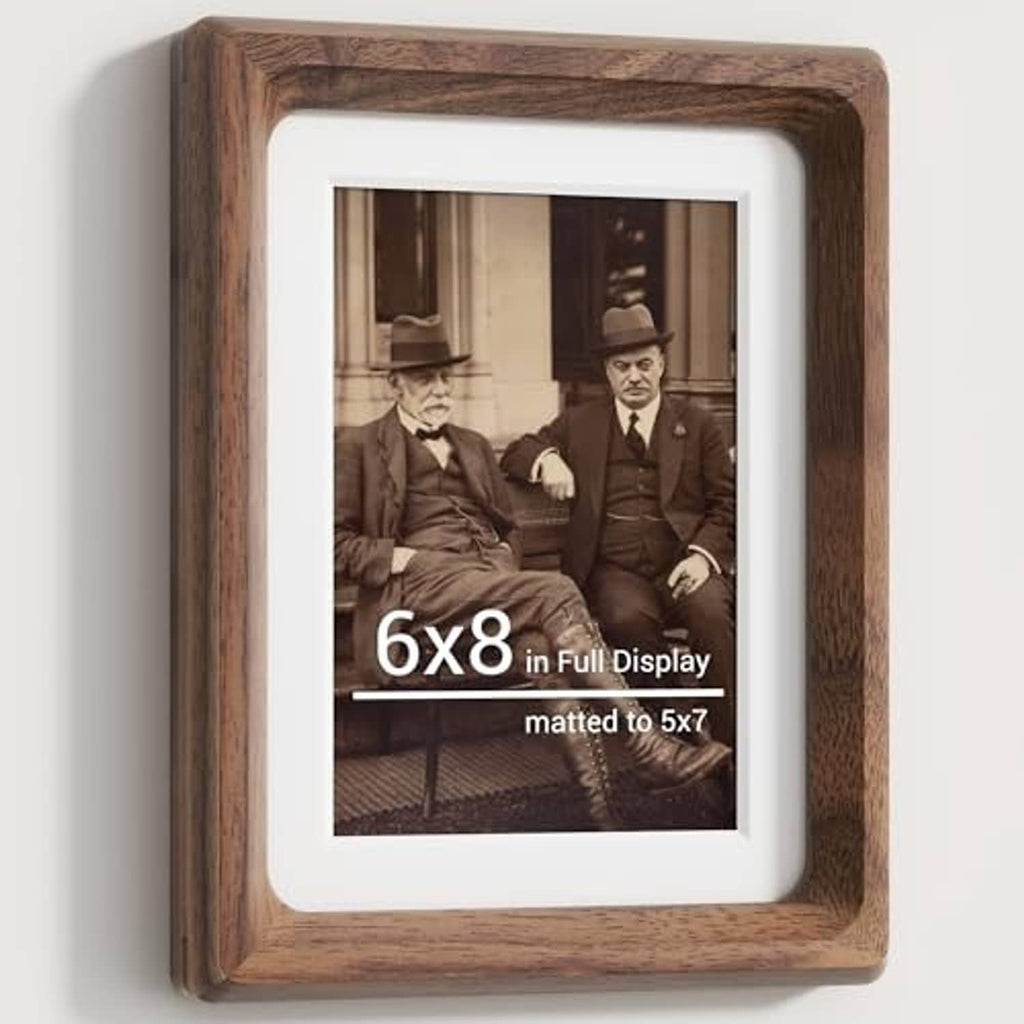 Natural walnut 6x8 picture frame with white mat, holding a photo, front view
