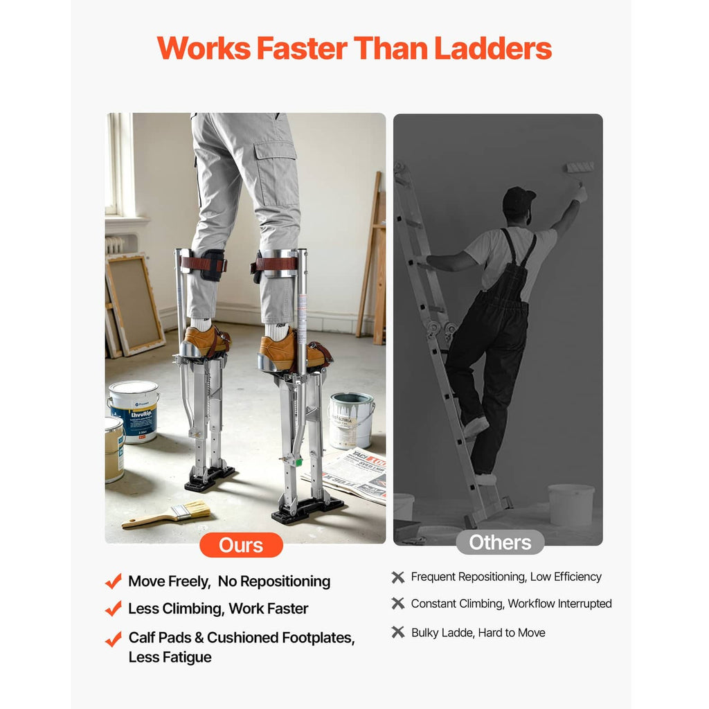 Drywall stilts with spring legs, cushioned calf pads, and non-slip foot platform