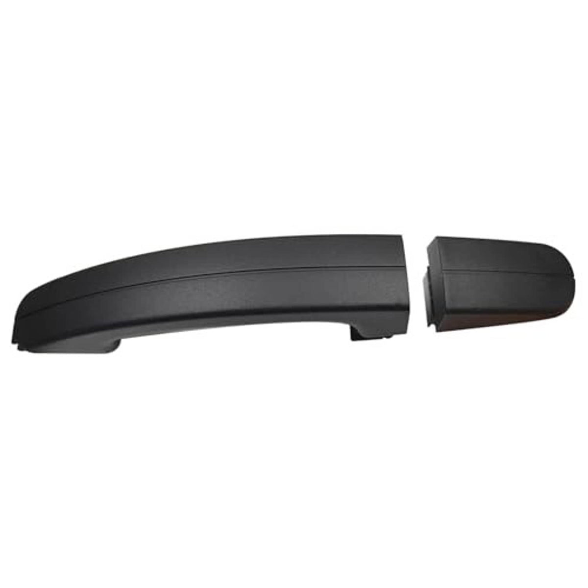 Dark exterior door handle with rounded end cap and integrated side cover detail