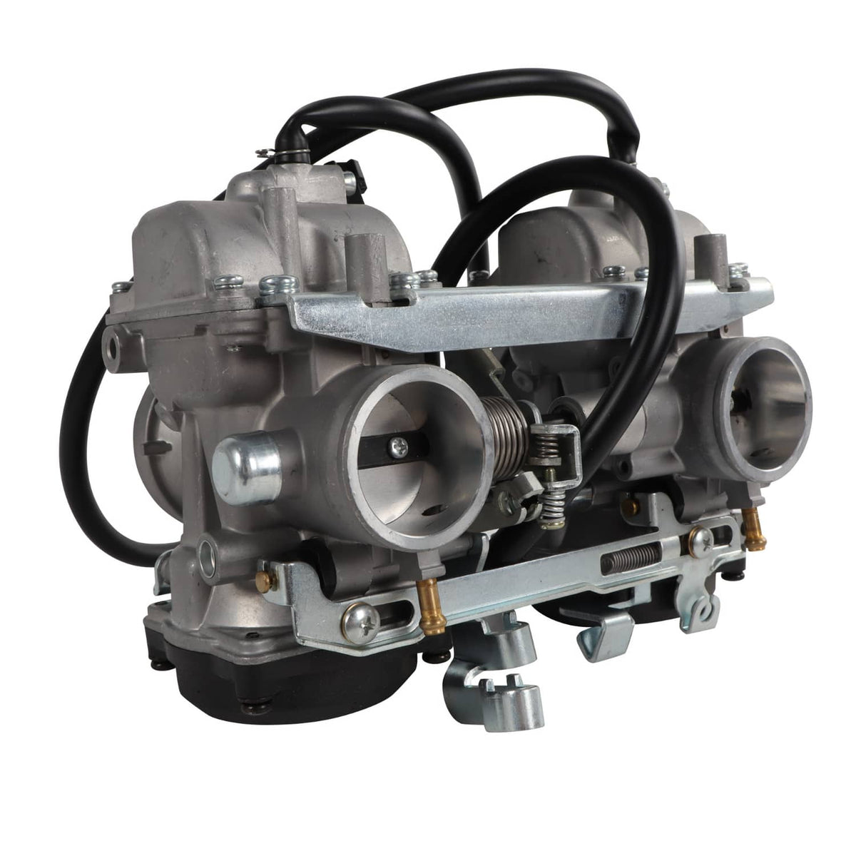 Carburetor with twin intake bores, black wiring/hoses, and metal fuel line fittings
