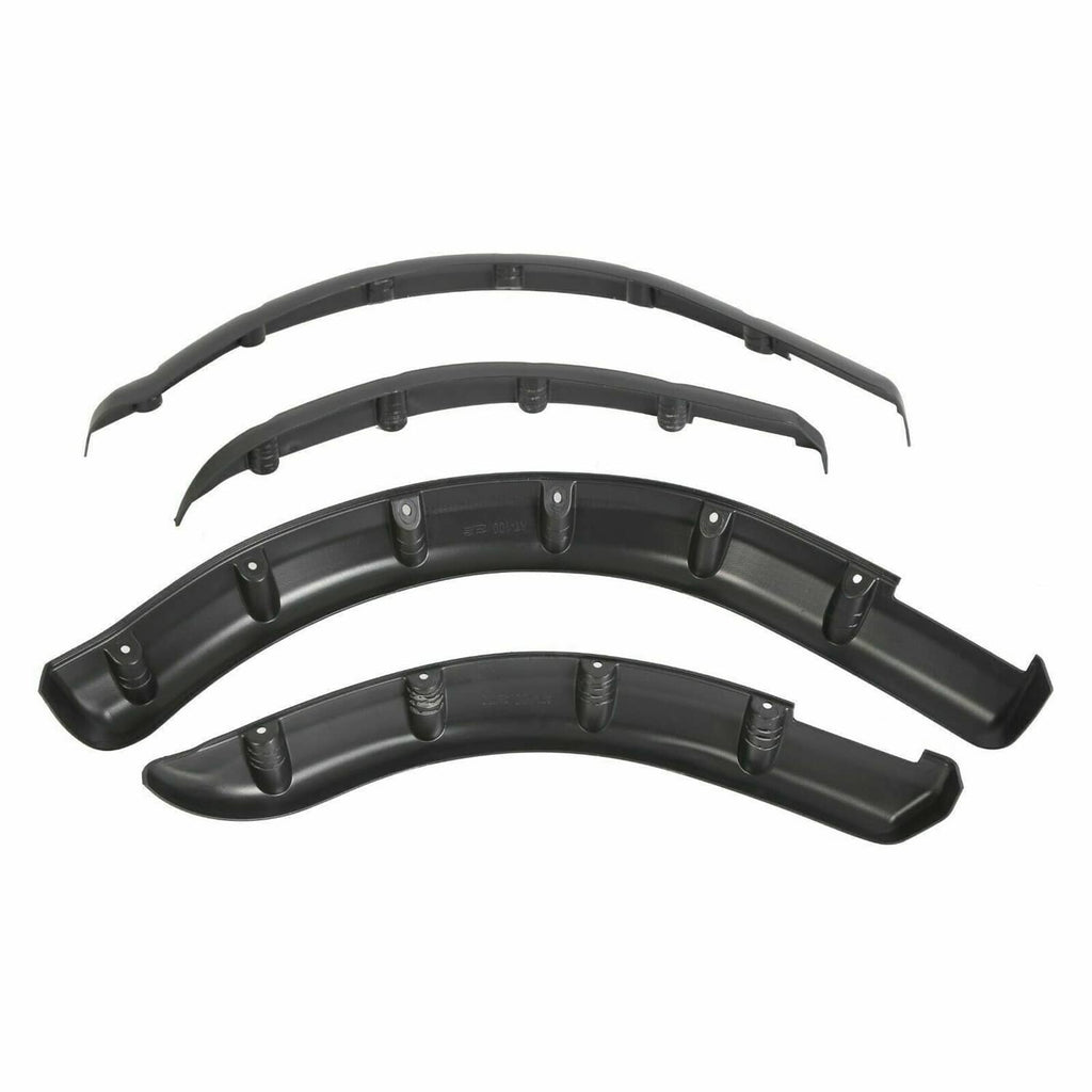 Three-piece black golf cart fender flare set with mounting clips and tabs