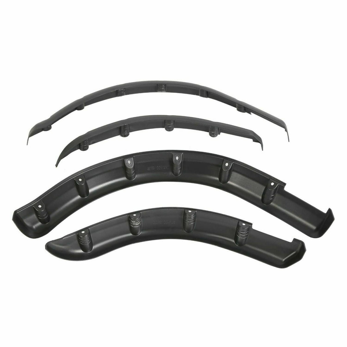 Three-piece black golf cart fender flare set with mounting clips and tabs