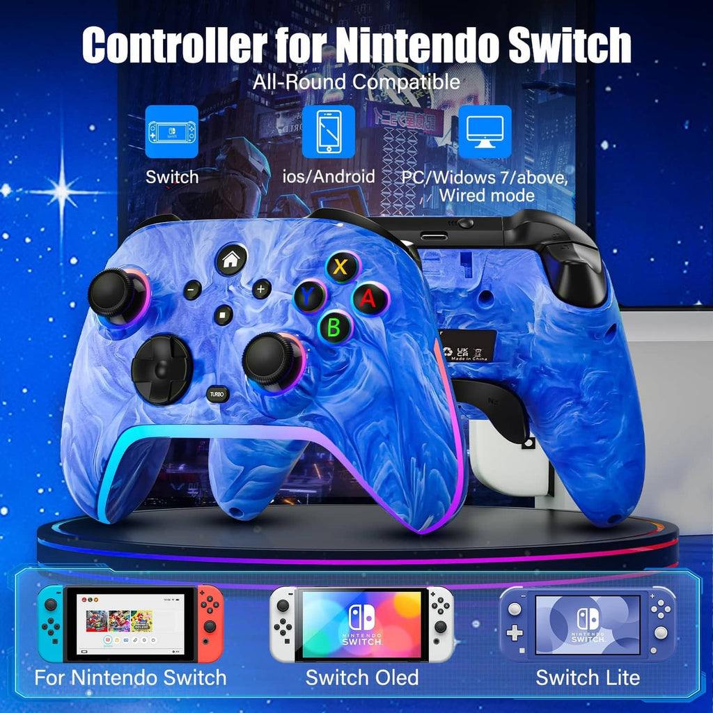 Blue wireless Switch controller with colored buttons and dual analog sticks