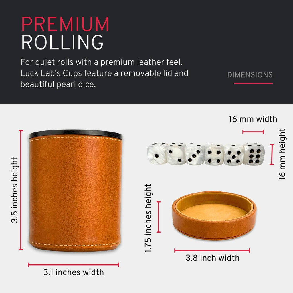 Brown leather dice cup and lid with dimensions shown; 6 dice resting nearby