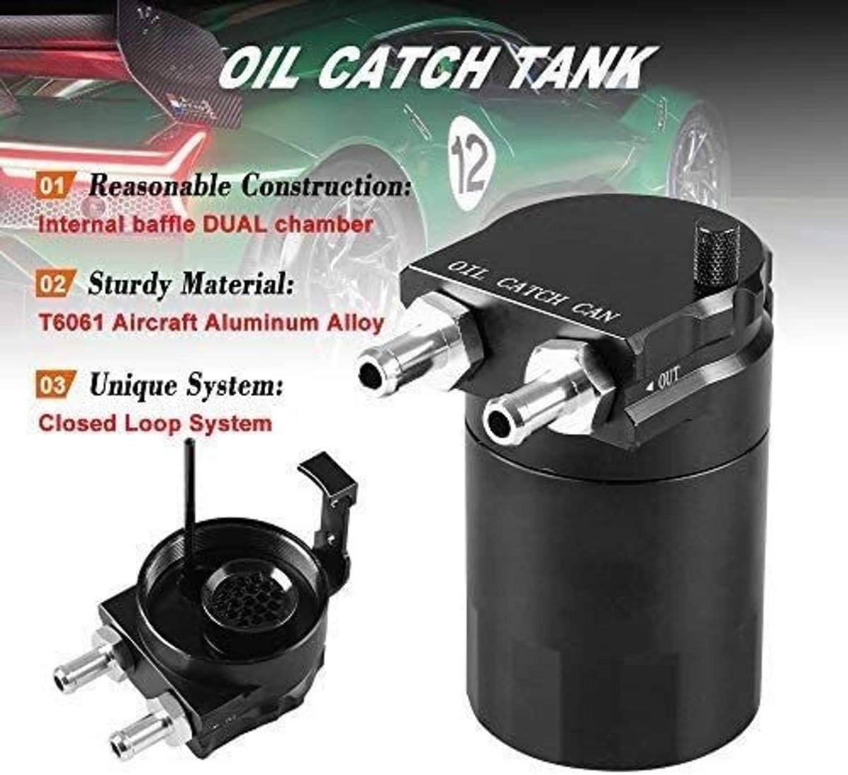 Black oil catch tank with built-in baffle housing and side inlet and outlet fittings