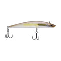 Shad-style fishing lure in silver-white with yellow stripe and two treble hooks