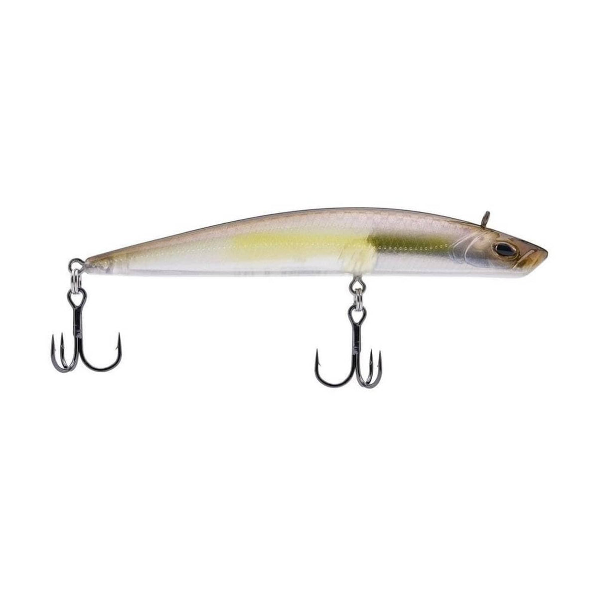 Shad-style fishing lure in silver-white with yellow stripe and two treble hooks