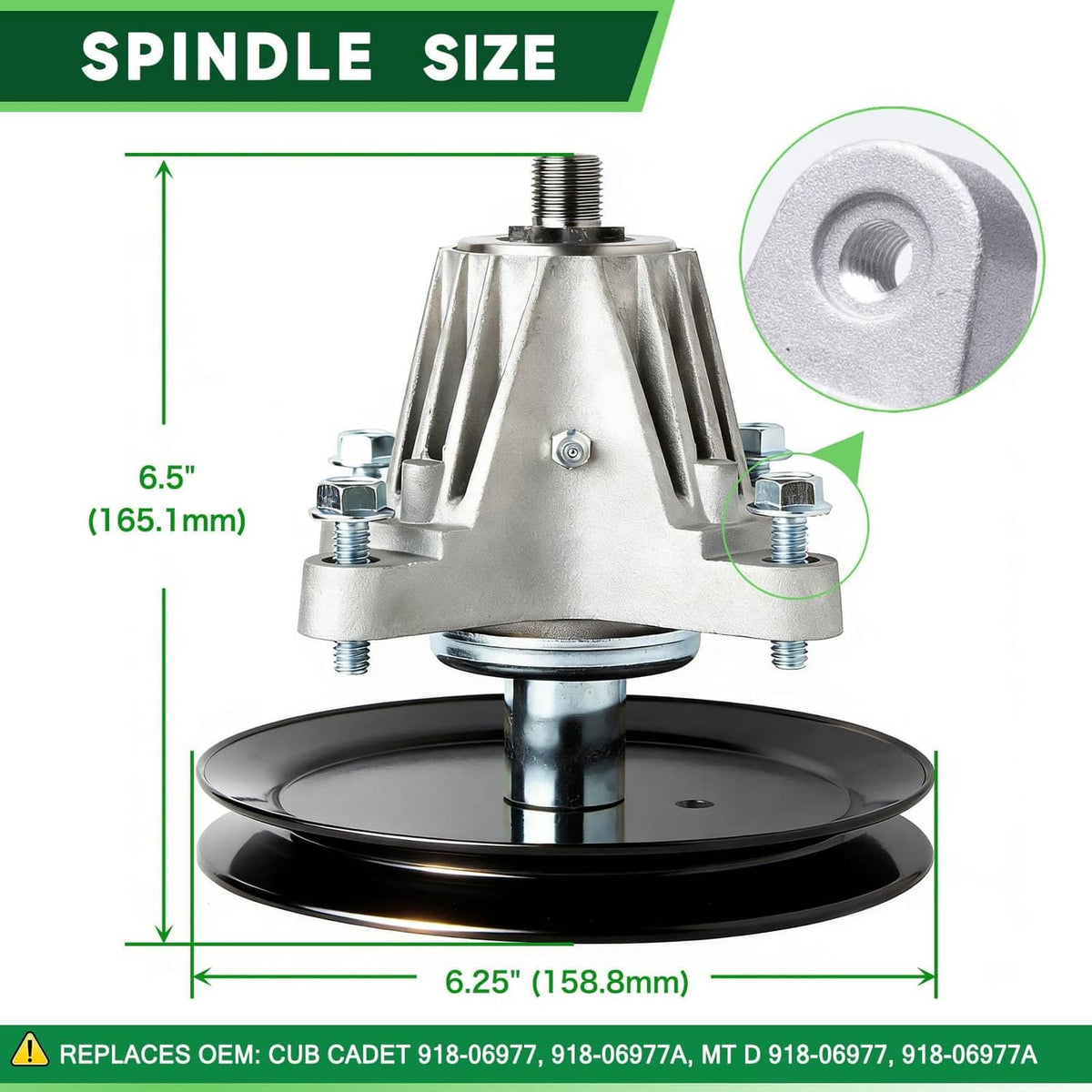 Metal lawn mower spindle assembly with threaded shaft and black pulley disc