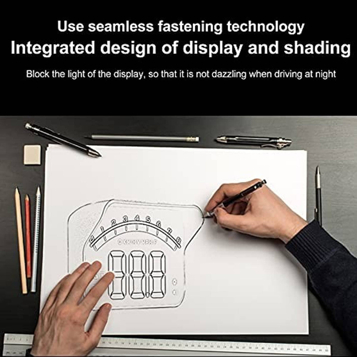 Car HUD projector setup diagram on paper with hands placing the display template