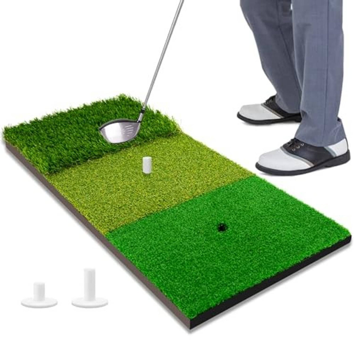 Green tri-turf putting practice mat with golf ball and tee markers near holes