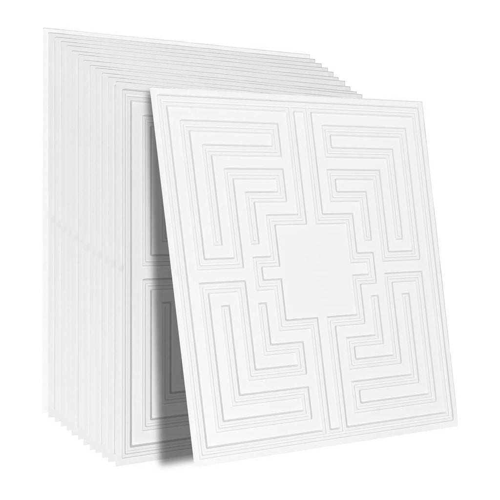 Stack of white PVC ceiling tiles with echo geometric pattern, 24x24 in