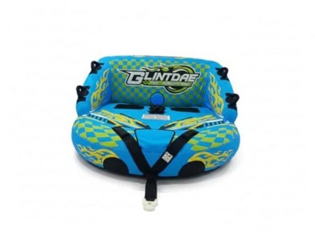 Two-person inflatable towable tube, blue and yellow checkered design with side handles