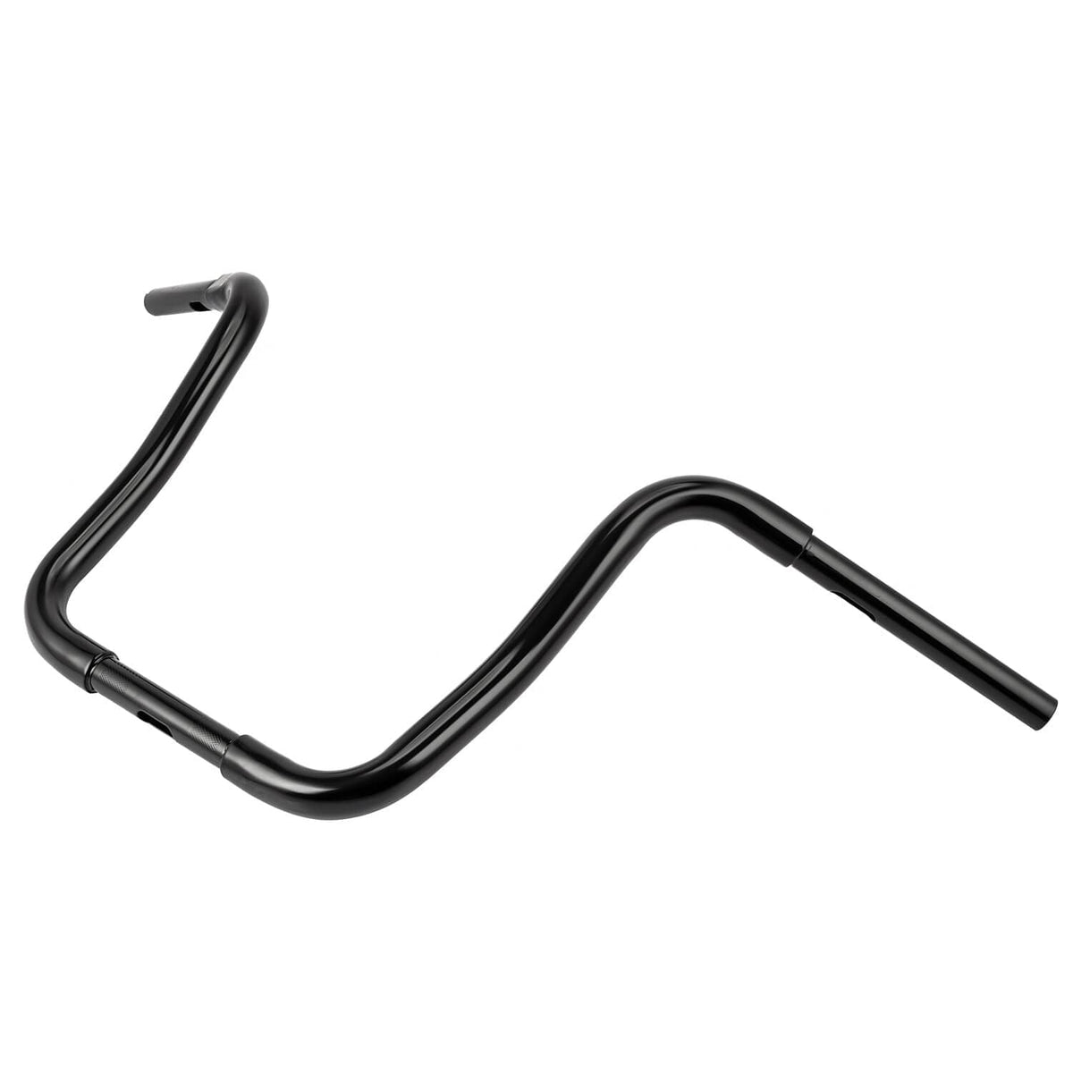 Black ape hanger handlebar, side angle showing sweeping curve and open grips