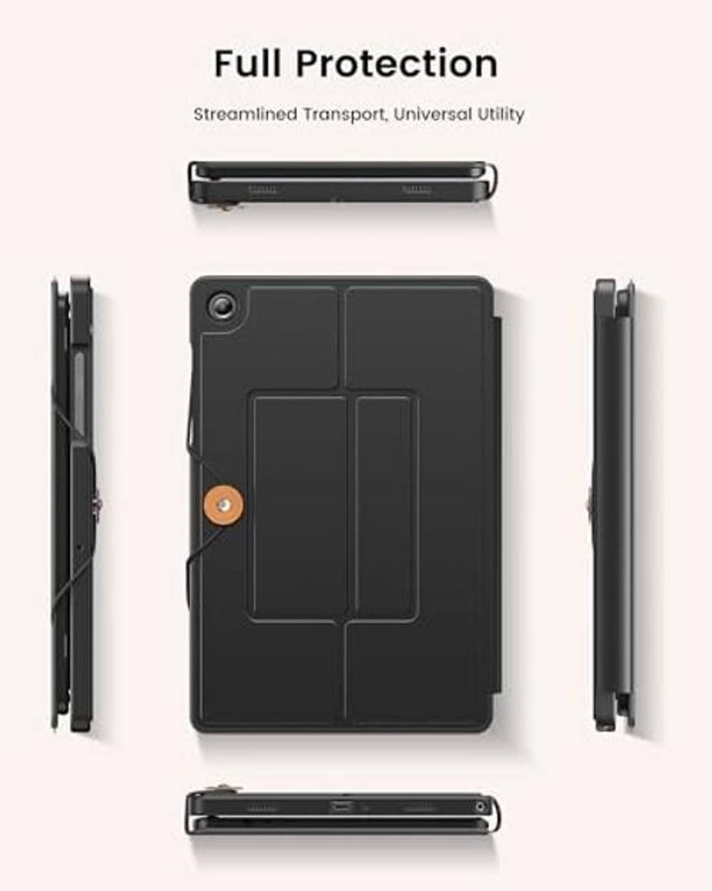Black keyboard case viewed front and sides, folio cover folded closed