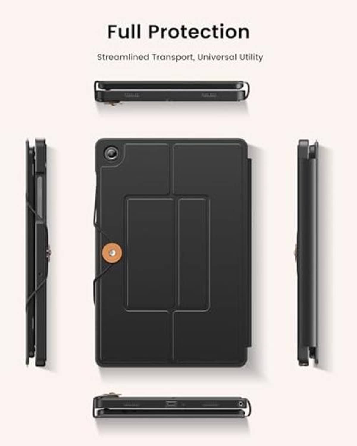 Black keyboard case viewed front and sides, folio cover folded closed