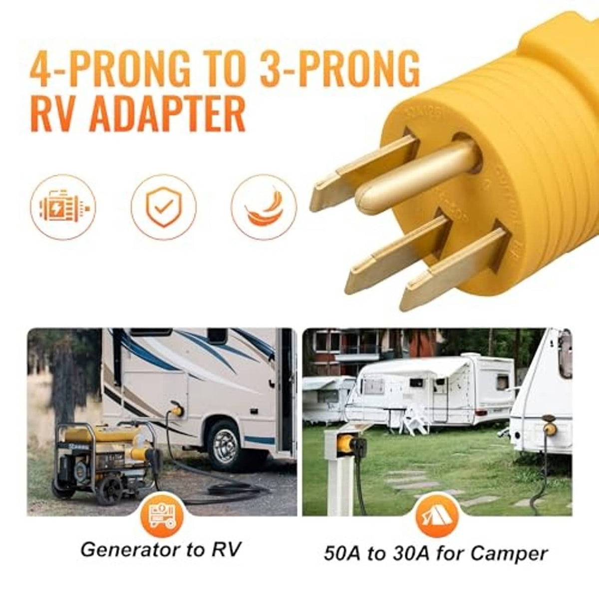 Yellow 4-prong to 3-prong RV power adapter plug with ribbed grip
