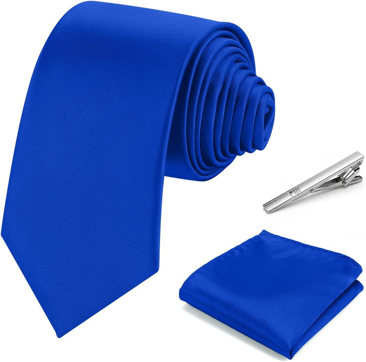 Men's blue solid necktie set with pocket square and silver tie clip