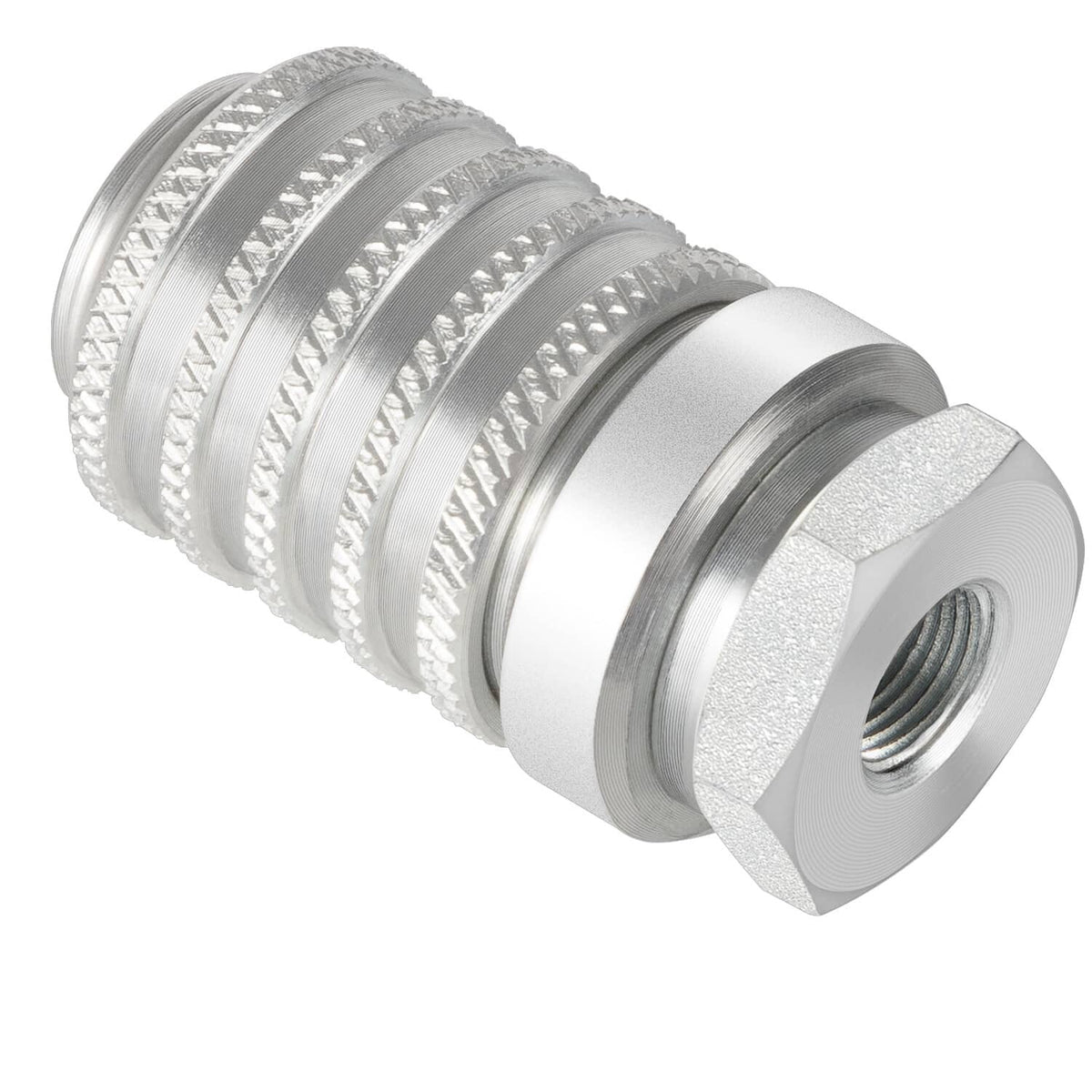 Steel quick coupler close-up showing female NPTF threaded opening and hex face