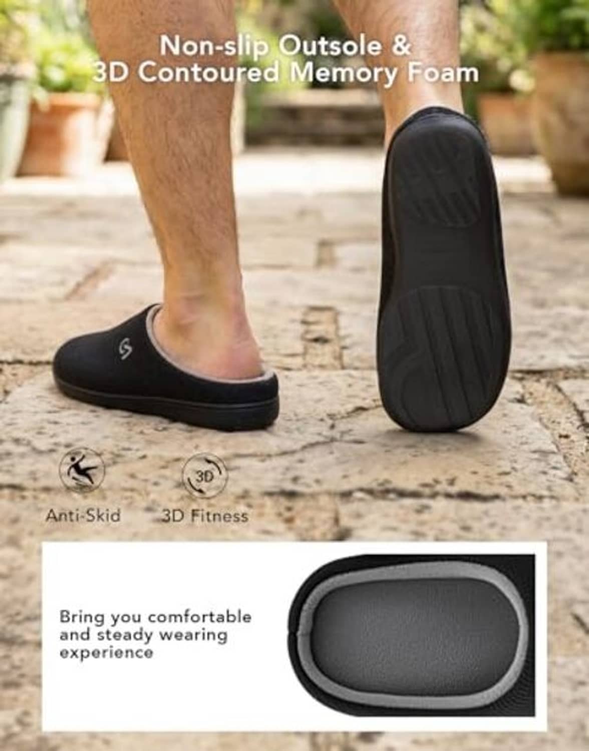 Men’s black house slippers showing contoured memory foam and non-slip outsole