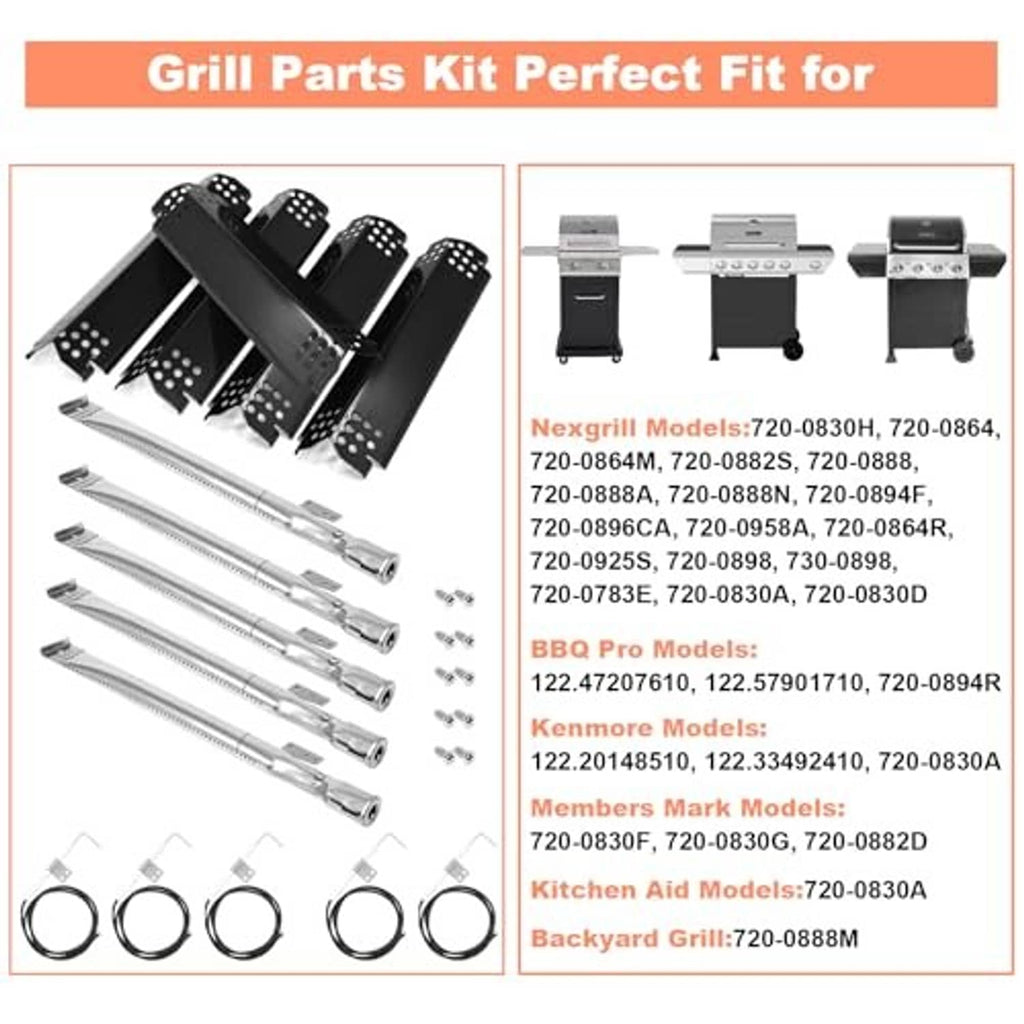 Grill parts kit view showing black heat plates, burner tubes, and ignition wire rings