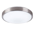 Round flush-mount LED ceiling light with brushed metal rim and frosted white diffuser
