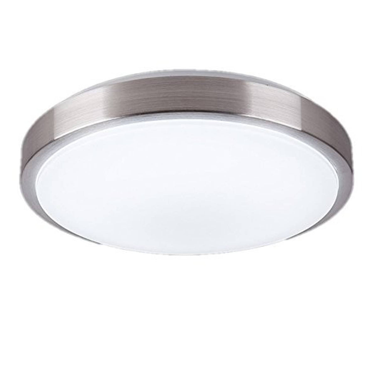 Round flush-mount LED ceiling light with brushed metal rim and frosted white diffuser
