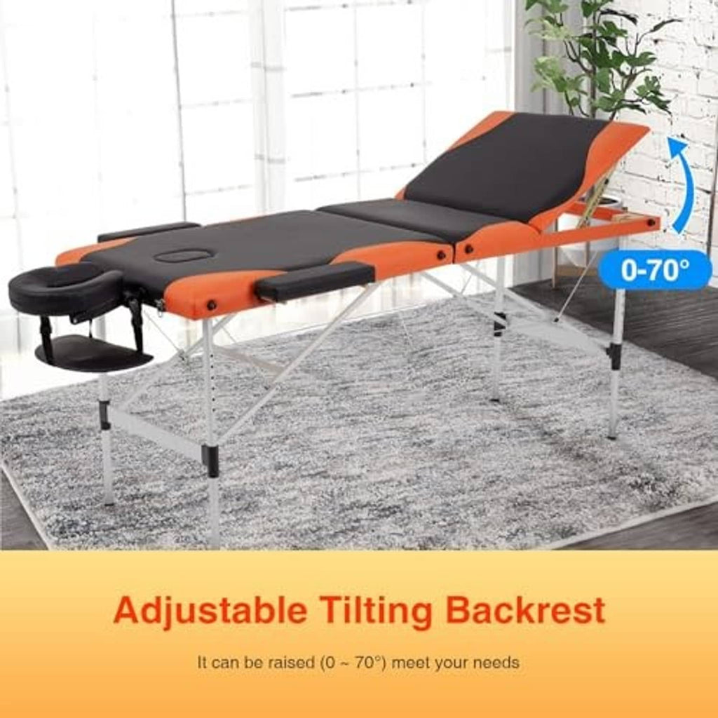 Orange and black adjustable tilting massage table with padded backrest, headrest, and steel frame