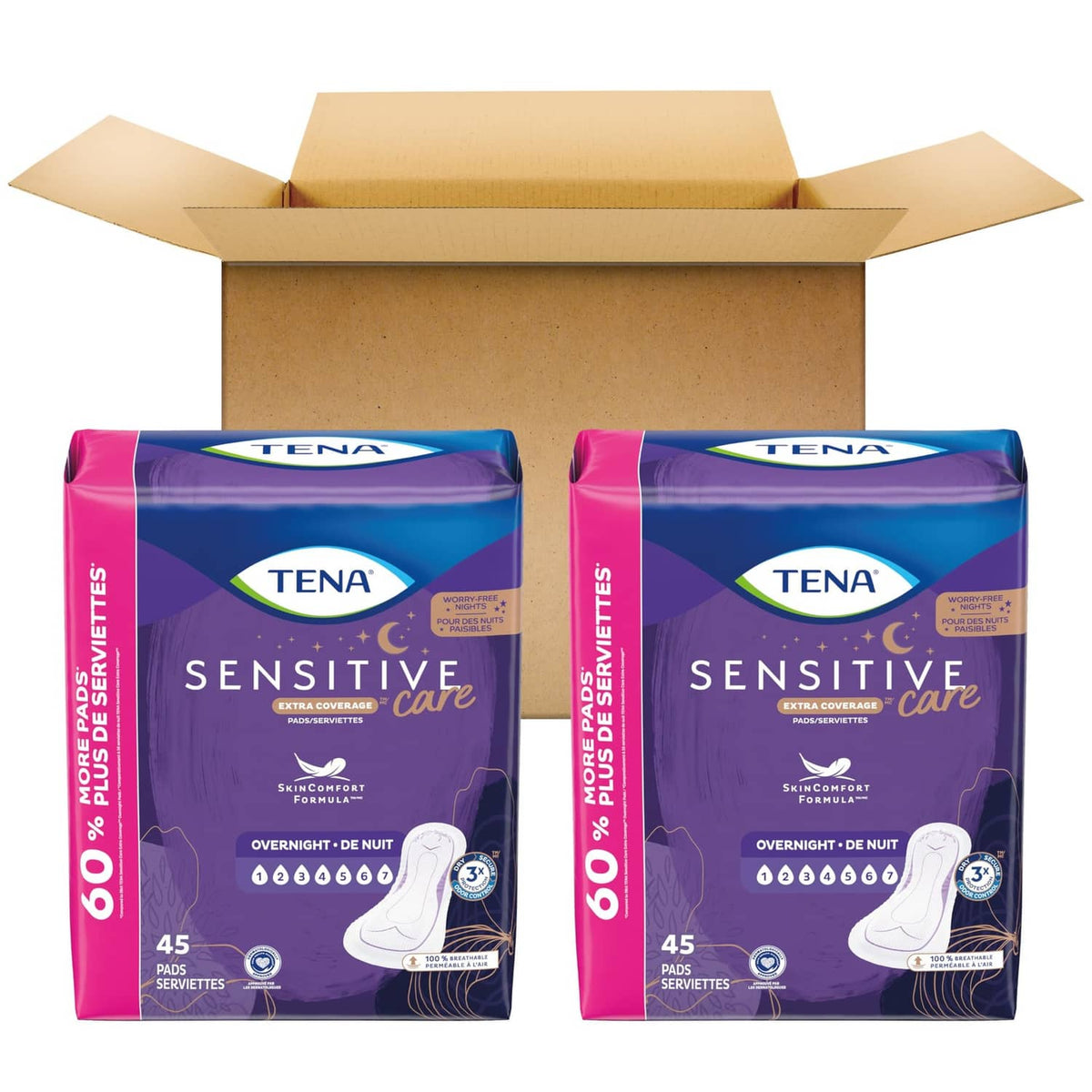 TENA Sensitive Care overnight incontinence pads, two 45-count packs in shipping box