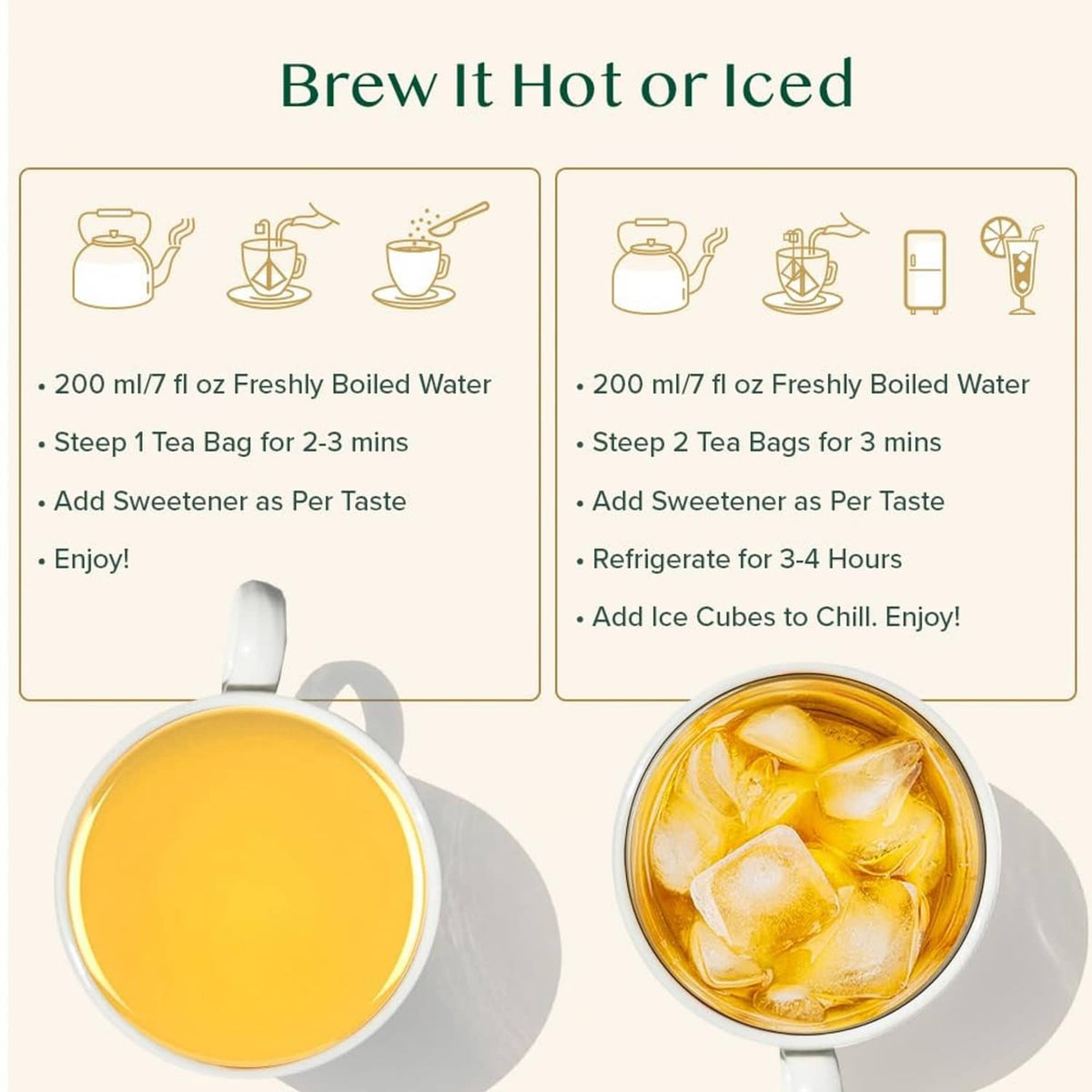 Brew hot or iced jasmine green tea with hot cup and iced tea cup