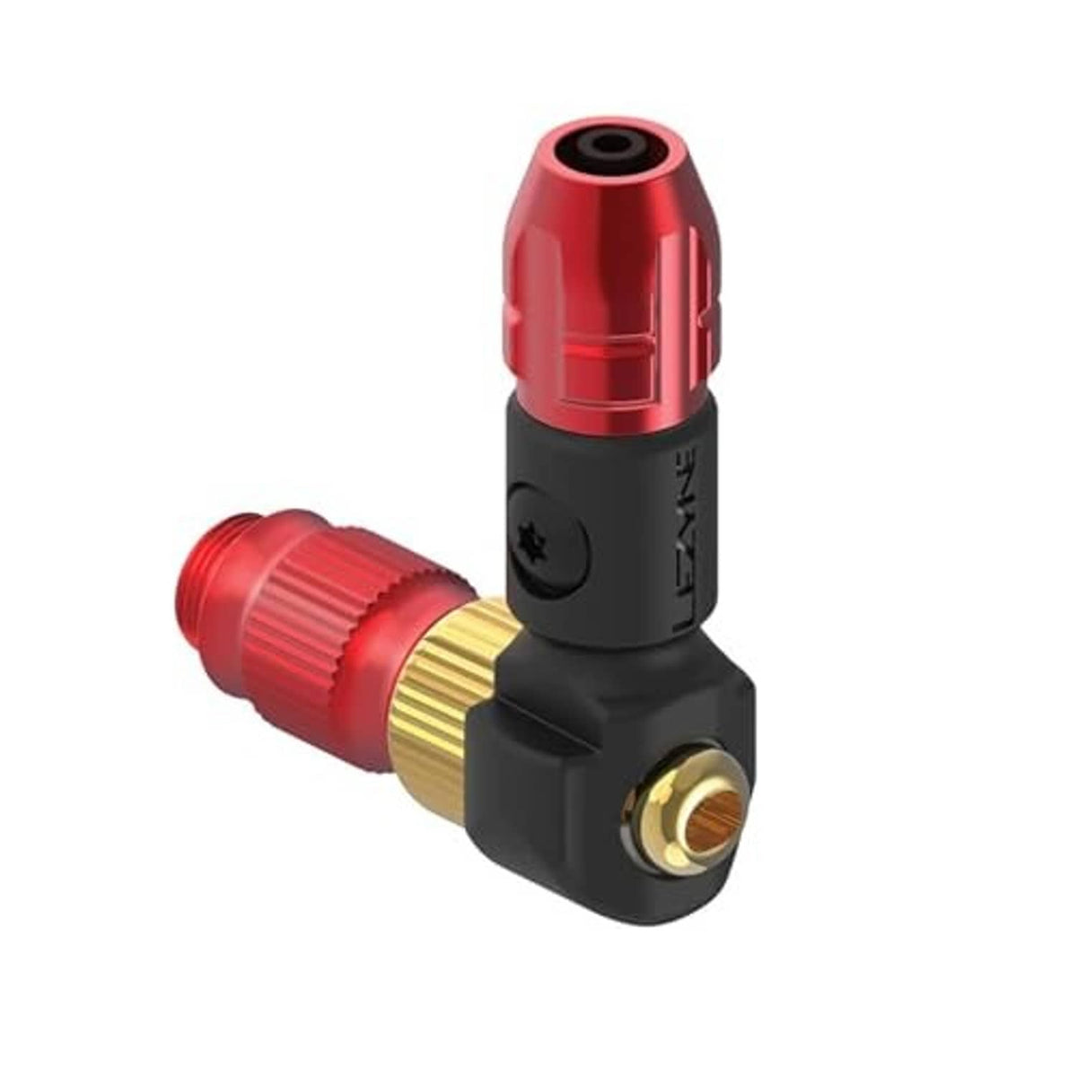 Red-and-black Presta/Schrader bicycle valve chuck with angled brass fill port