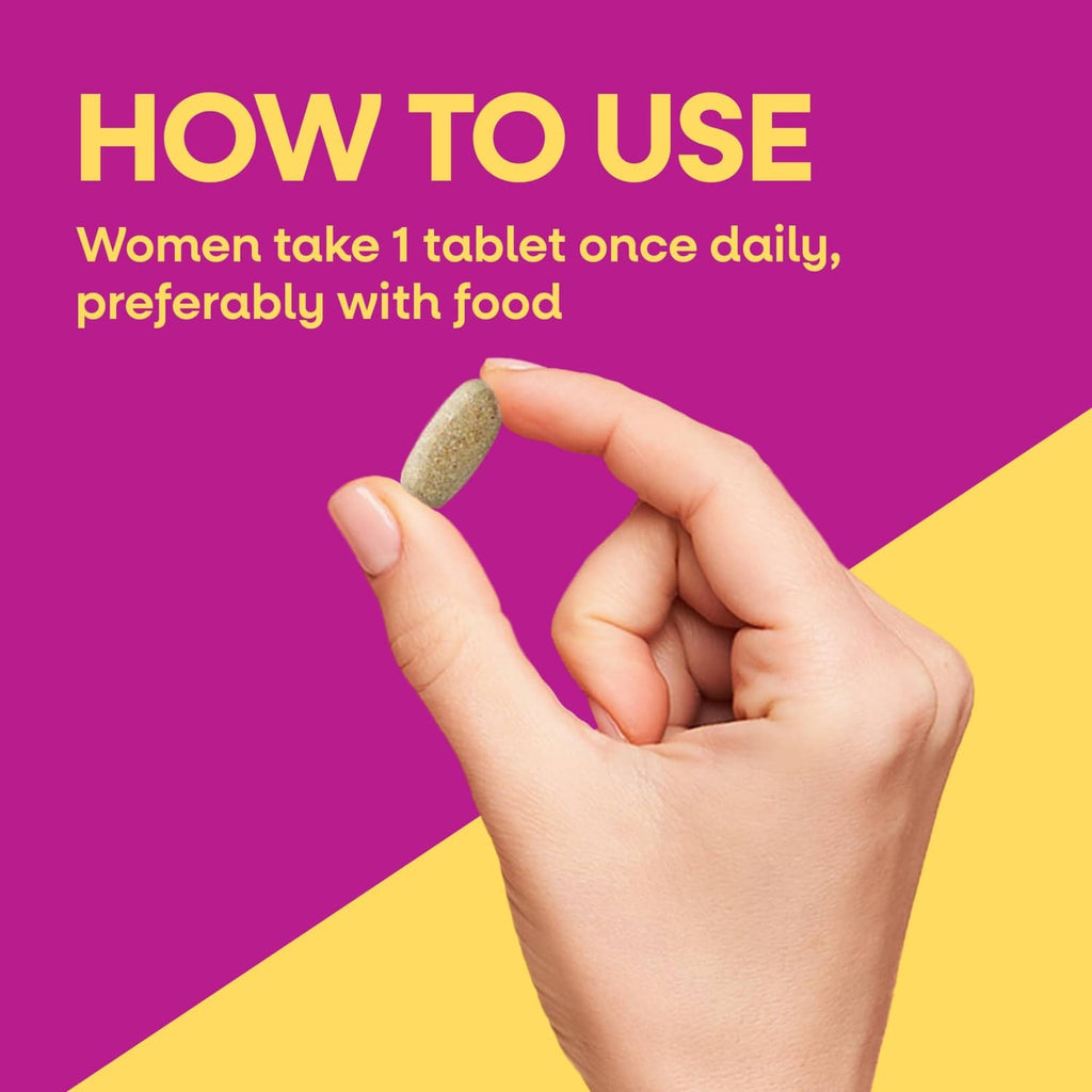 “How to use” supplement graphic showing a hand holding multivitamin tablets.