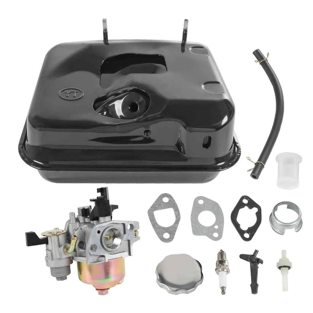 Black gas fuel tank with cap opening plus carburetor, spark plug, and included fittings