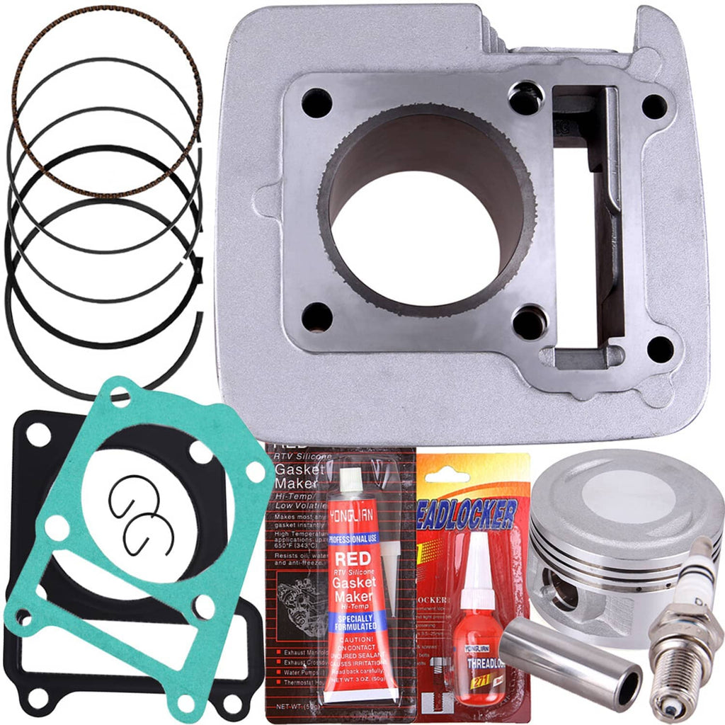 Cylinder base plate with bore opening, paired with piston, rings, and gasket