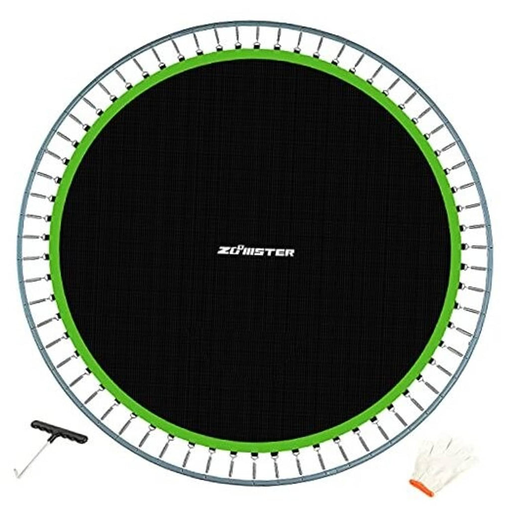 Round black trampoline jumping mat with bright green edge and spring loop ring