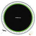 Round black trampoline jumping mat with bright green edge and spring loop ring