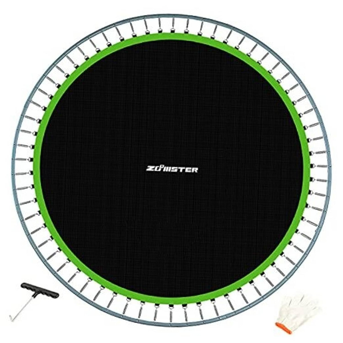 Round black trampoline jumping mat with bright green edge and spring loop ring