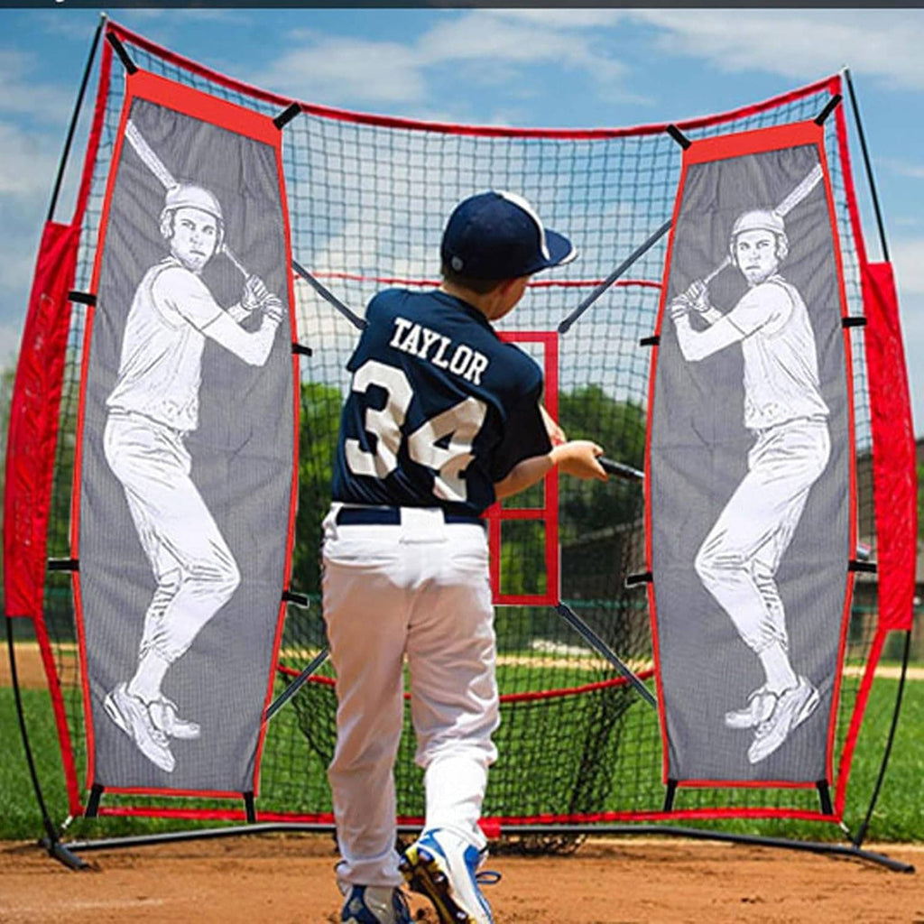 Baseball pitching training net with red frame, gray side batter panels, and central target