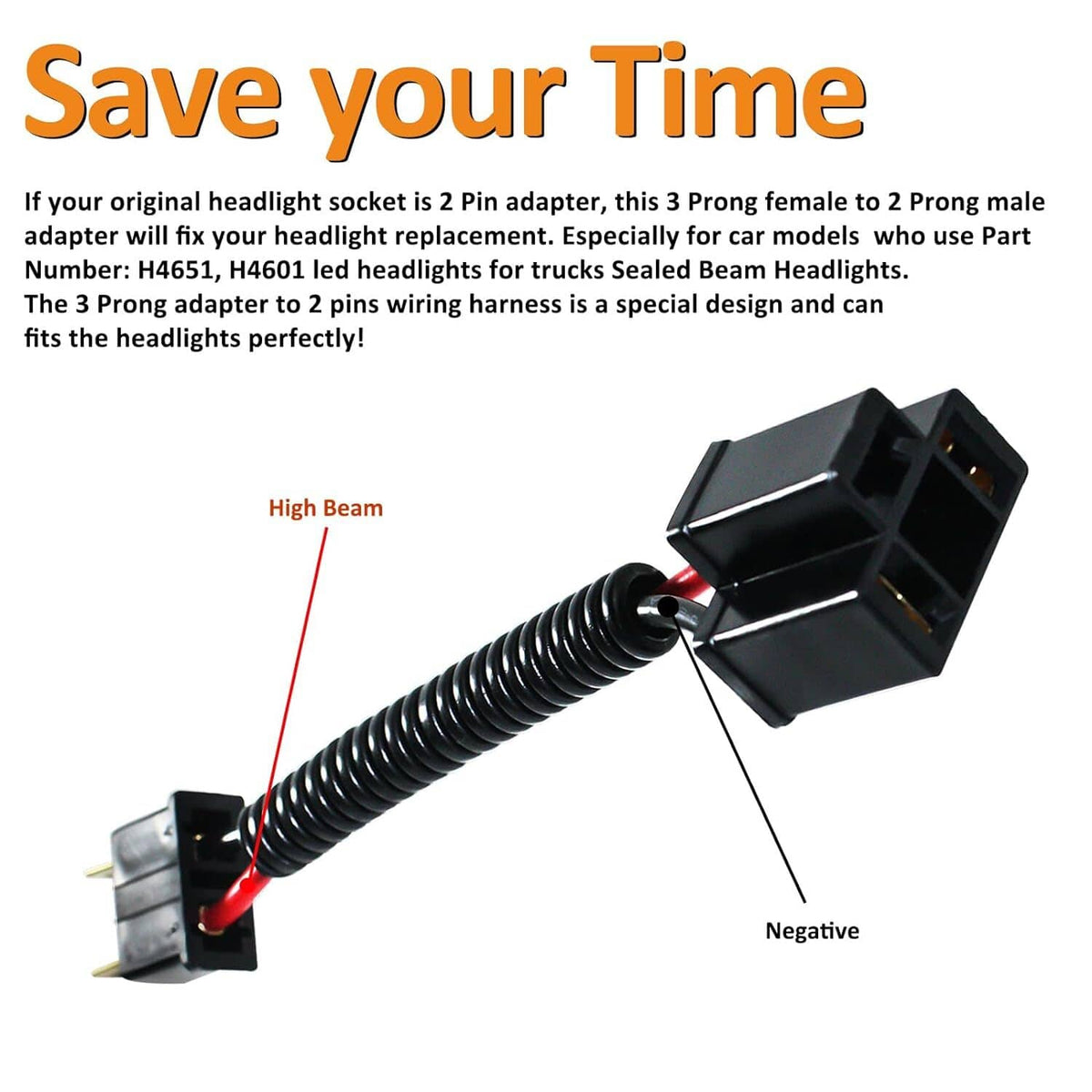 Headlight connector adapter harness with large 3-prong socket and twin 2-pin male plugs