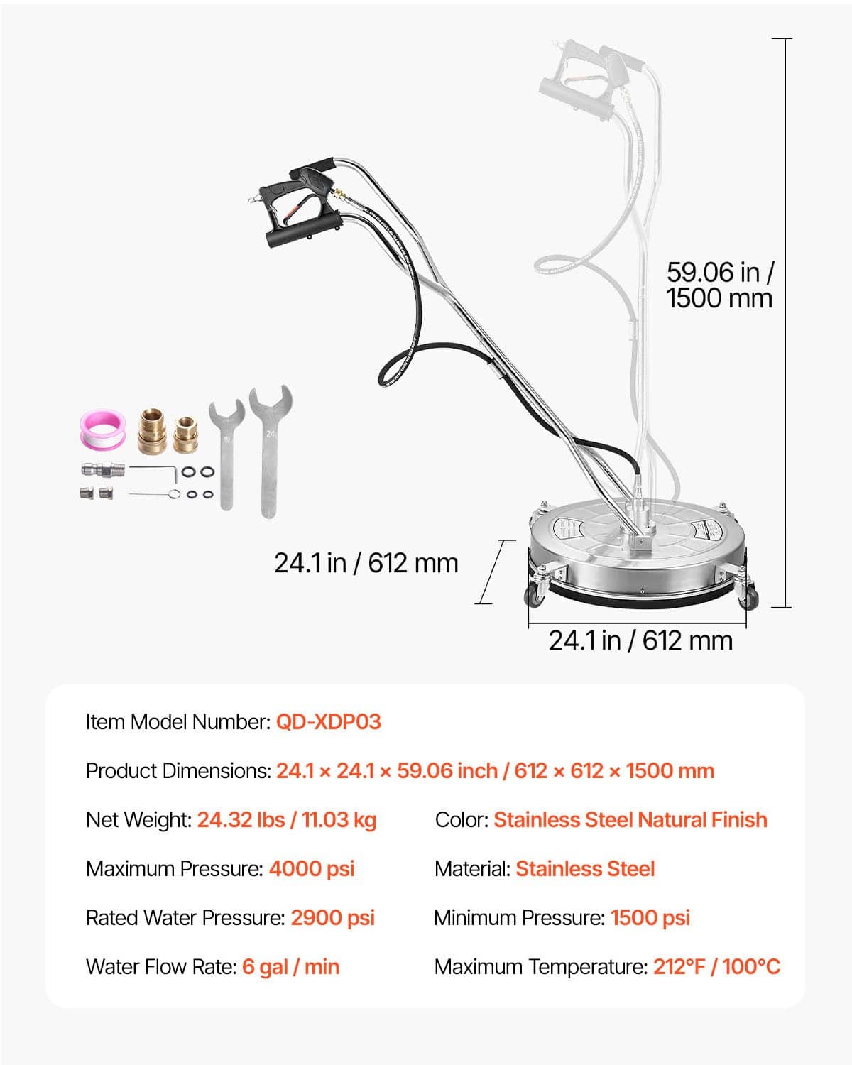 24 in pressure washer surface cleaner with dual handle and four wheels, shown with dimensions