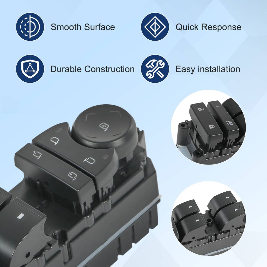 Black left driver door window switch panel with round mirror control knob and button row