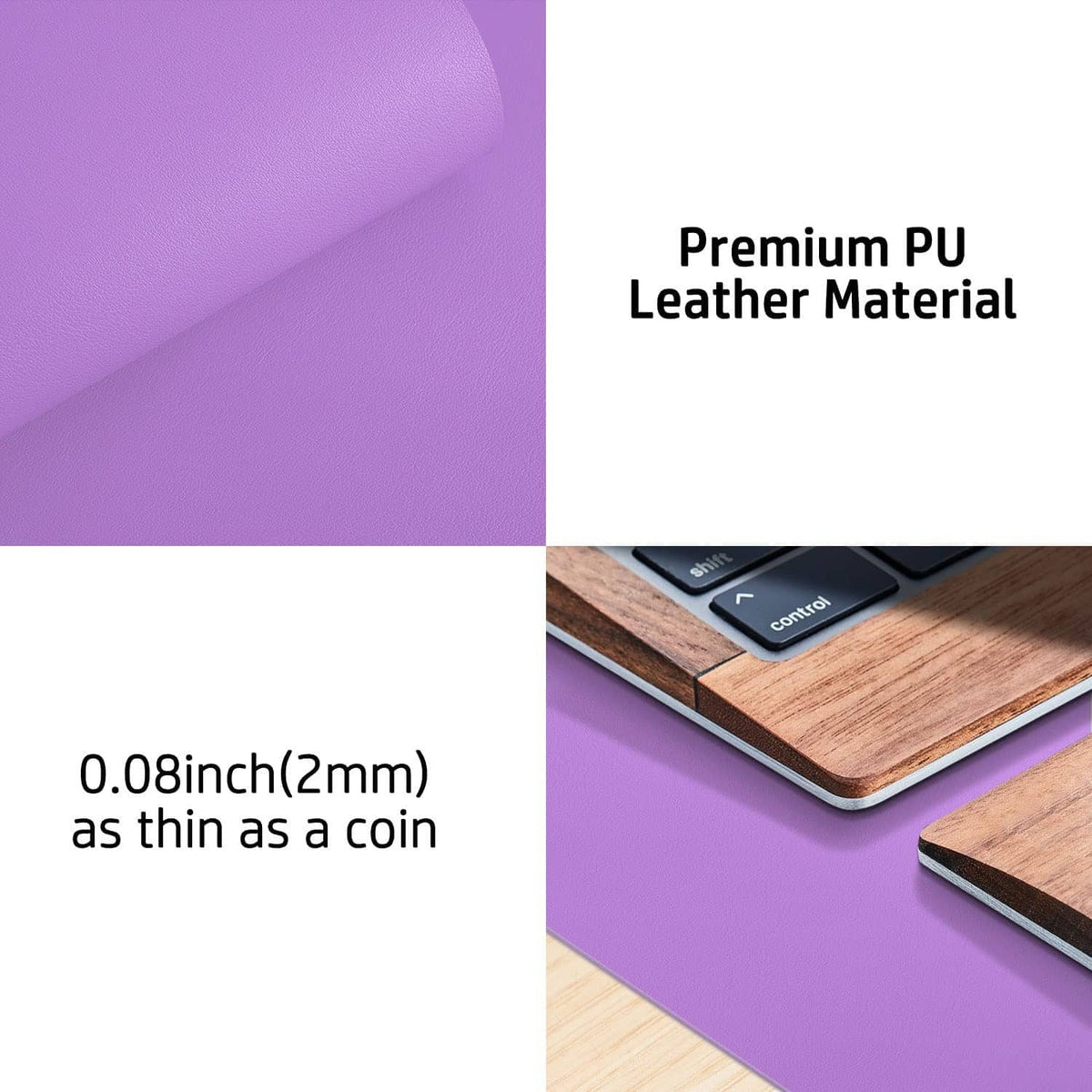 Purple PU leather desk pad protector showing slim, thin edge