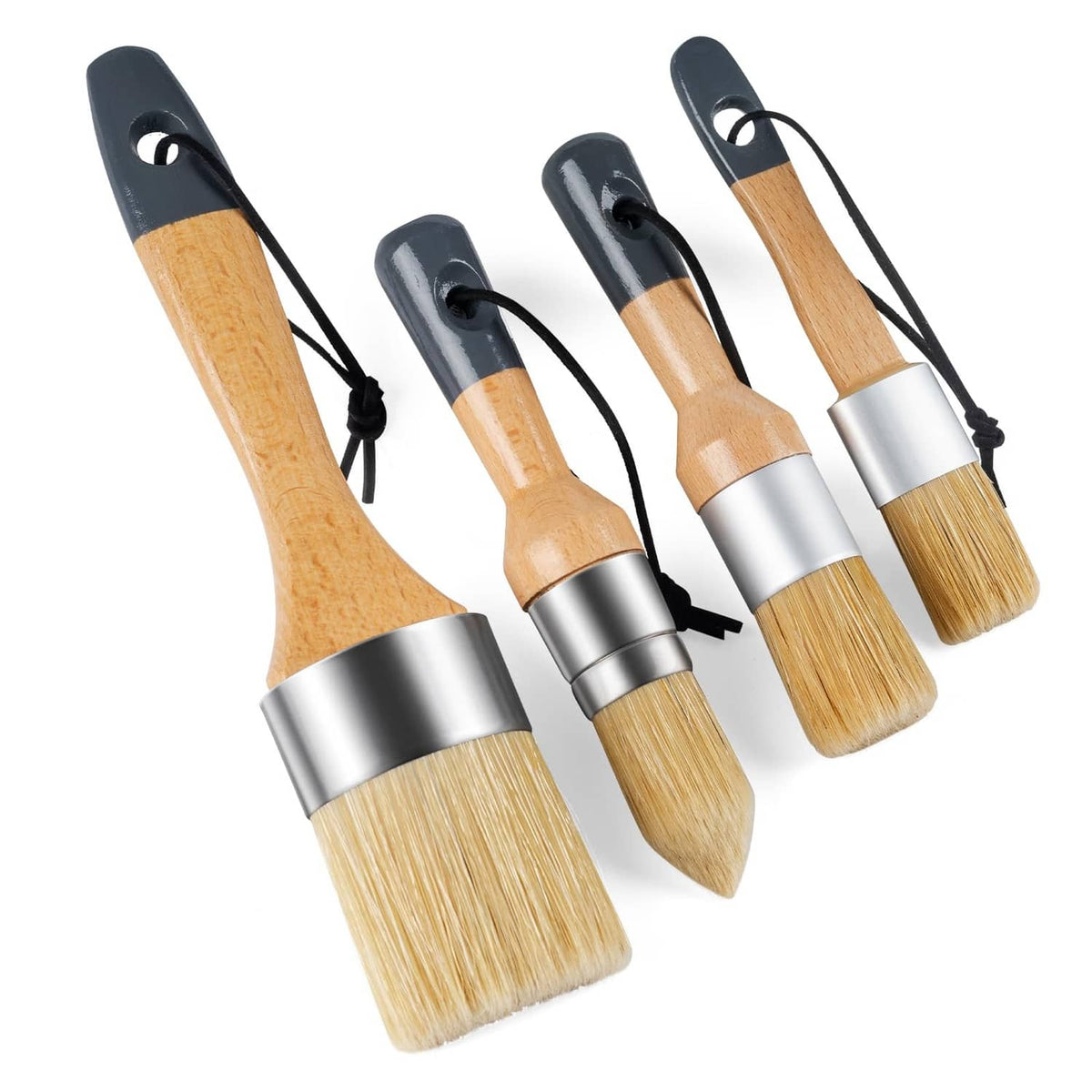 Chalk paint brush set, 4 wood-handled brushes with black hanging cords