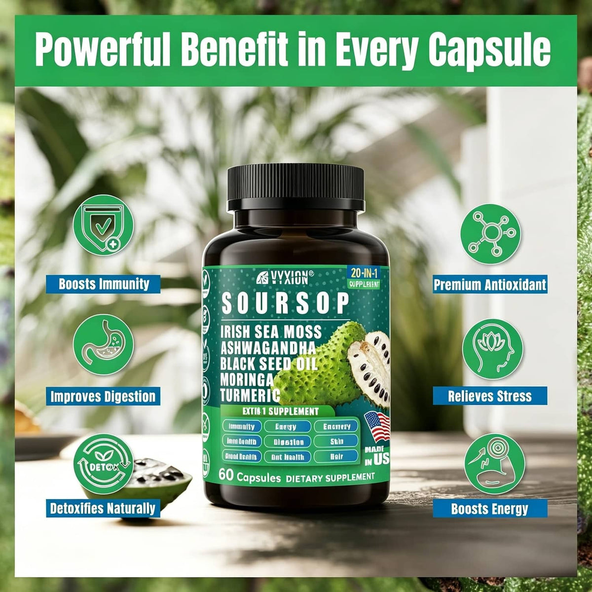 Supplement bottle with black cap with benefit icons on a promotional card