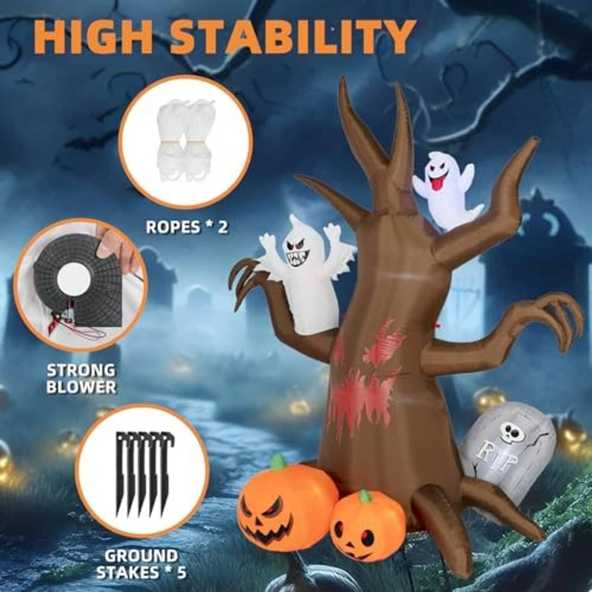 Inflatable Halloween haunted tree decoration with ghost figures and two glowing jack-o-lanterns