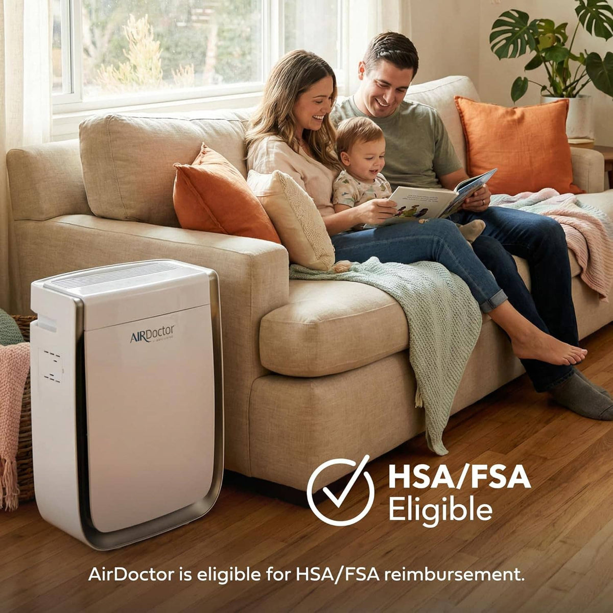 AirDoctor air purifier on living room floor beside a sofa