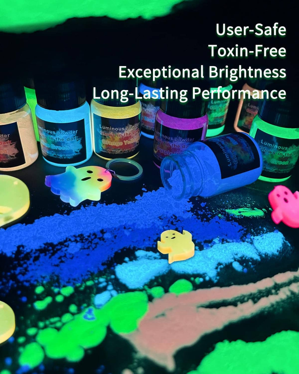Glow-in-the-dark mica pigment powder jars with bright colorful glowing figurines and piles