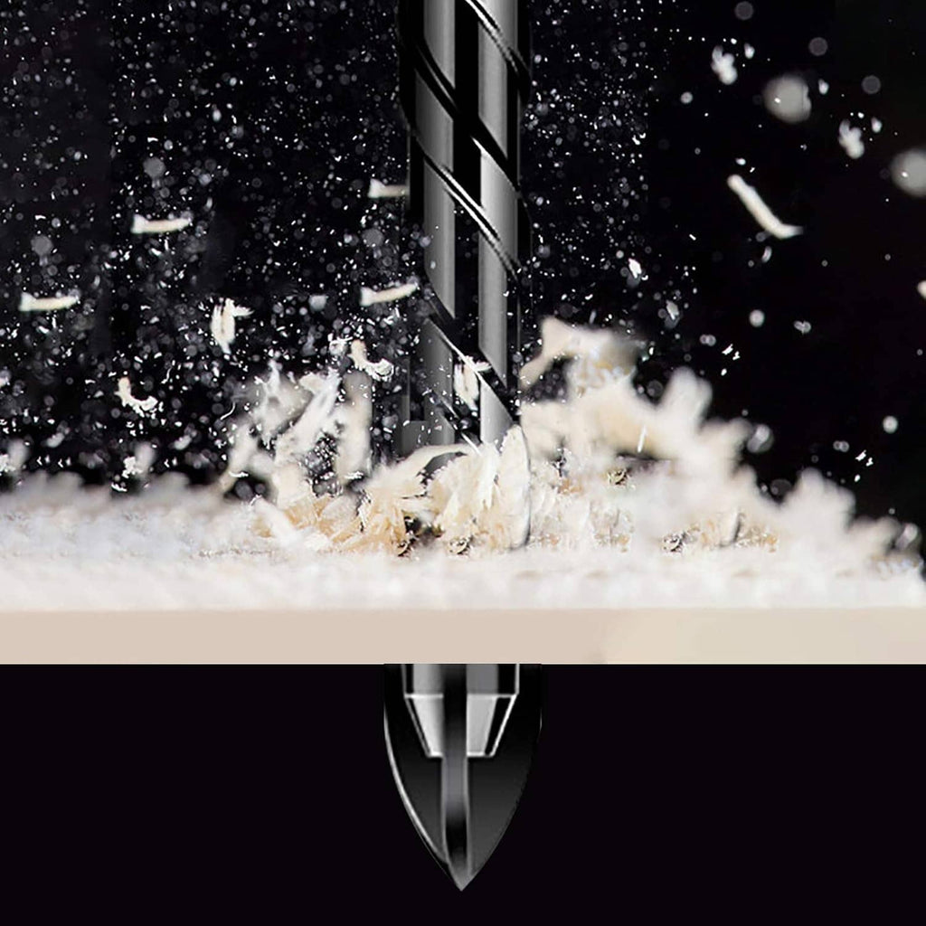 Masonry drill bit drilling into surface with visible dust and debris at the tip