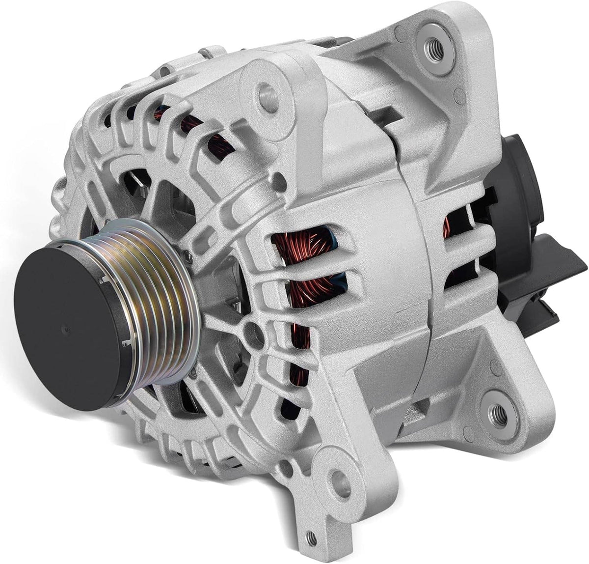 Silver alternator with belt pulley and cooling vents, front three-quarter view