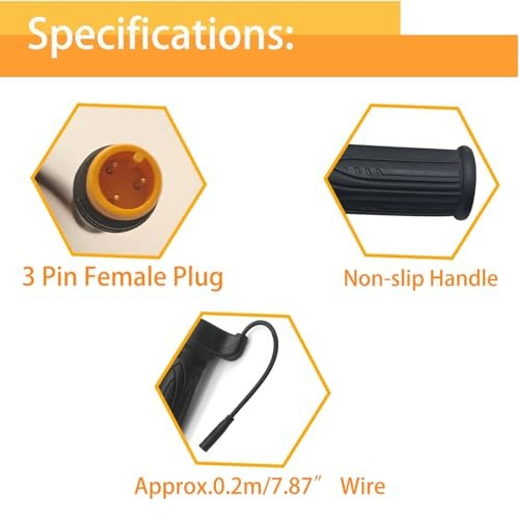 3-pin female plug with black e-bike twist throttle grip, non-slip texture, and short wire